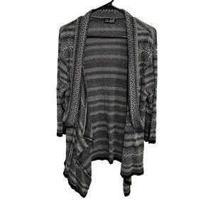 Questions Gray Black Open Front Asymmetrical Cardigan Sweater Striped Pattern